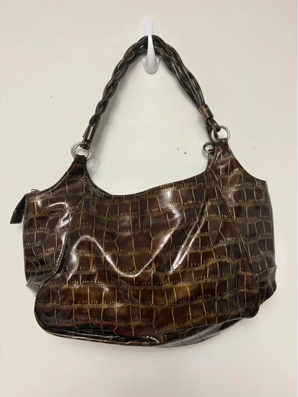 Y2K Brown Croc Embossed Patent Hobo Shoulder Bag